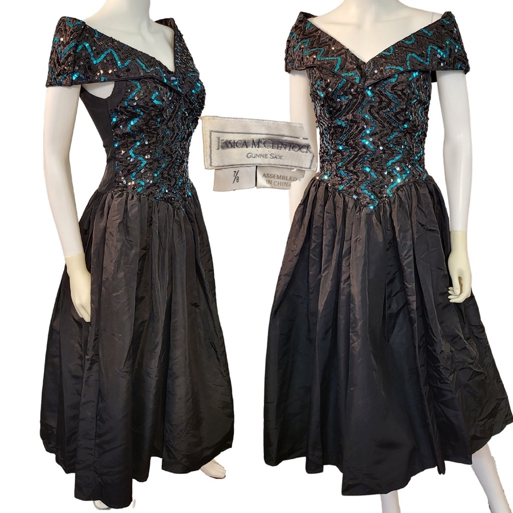 1980s Gunne Sax Black Strapless Formal turquoise Sequins Full Skirt Dress XS